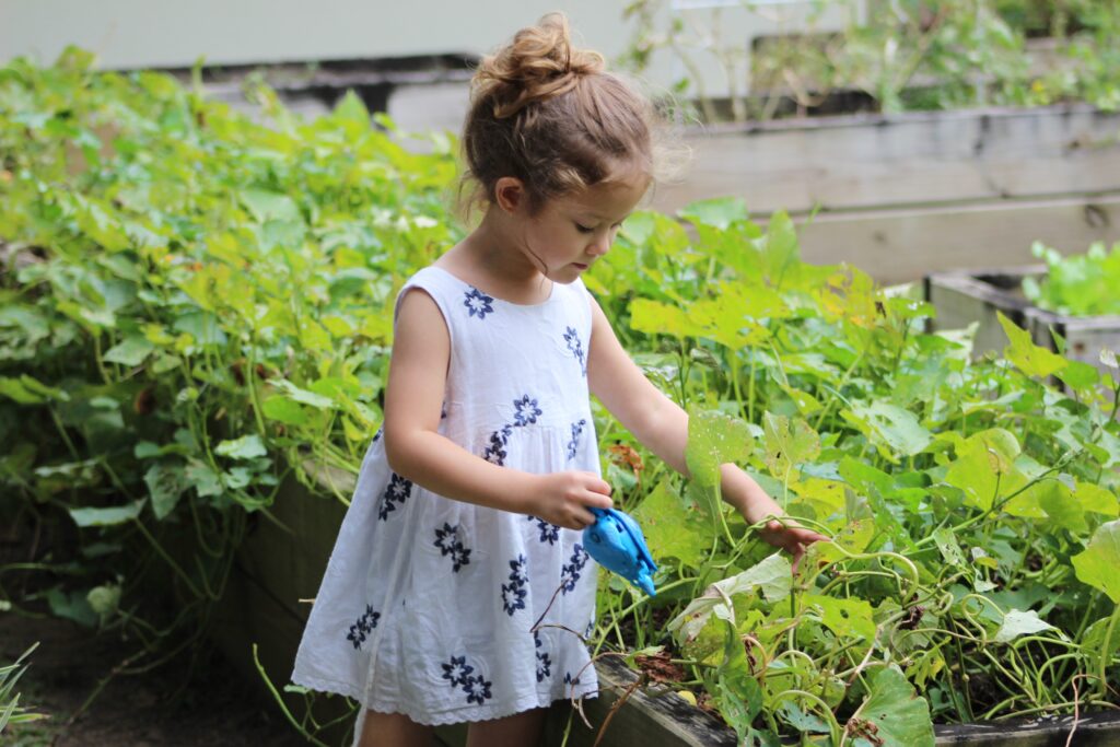 Young girl watering plants in her garden